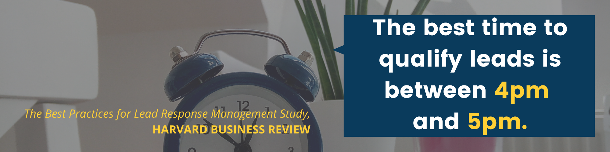 Analogy alarm clock on desk with text overlay "The best time to qualify leads in between 4pm and 5pm." Source credit The Best Practices for Lead Response Management Study, Harvard Business Review