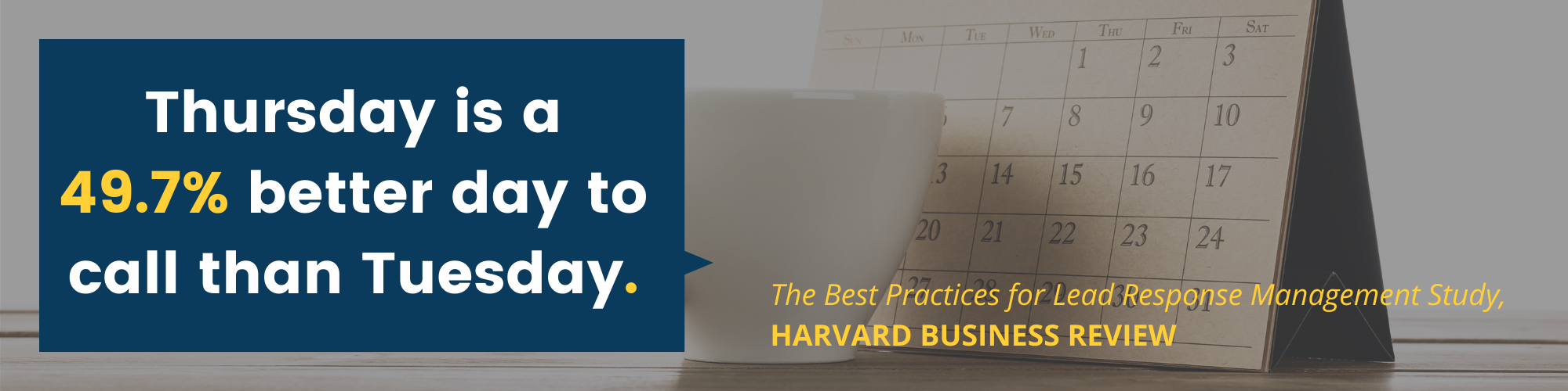 Paper calendar and coffee cup with text overlay "Thursday is a 49.7% better day to call than Tuesday" Source credit The Best Practices for Lead Response Management Study, Harvard Business Review