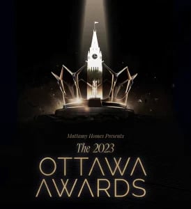 2023 Ottawa Awards graphic - black background with text "The 2023 Ottawa Awards" with stylized silhouette of the Peace Tower superimposed over a crown"