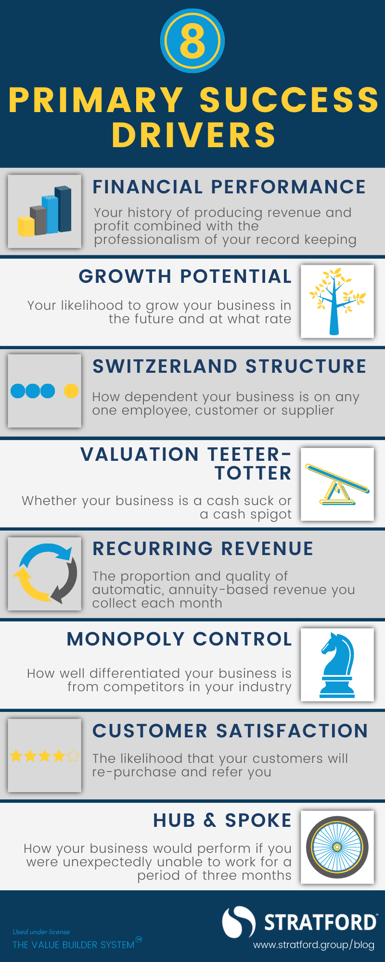 infographic representation of the 8 primary success drivers that were identified in the blog post.