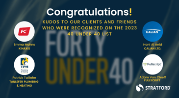 Congratulations to clients and friends on the 2023 40 under 40 list. With logo images and names of the recipients